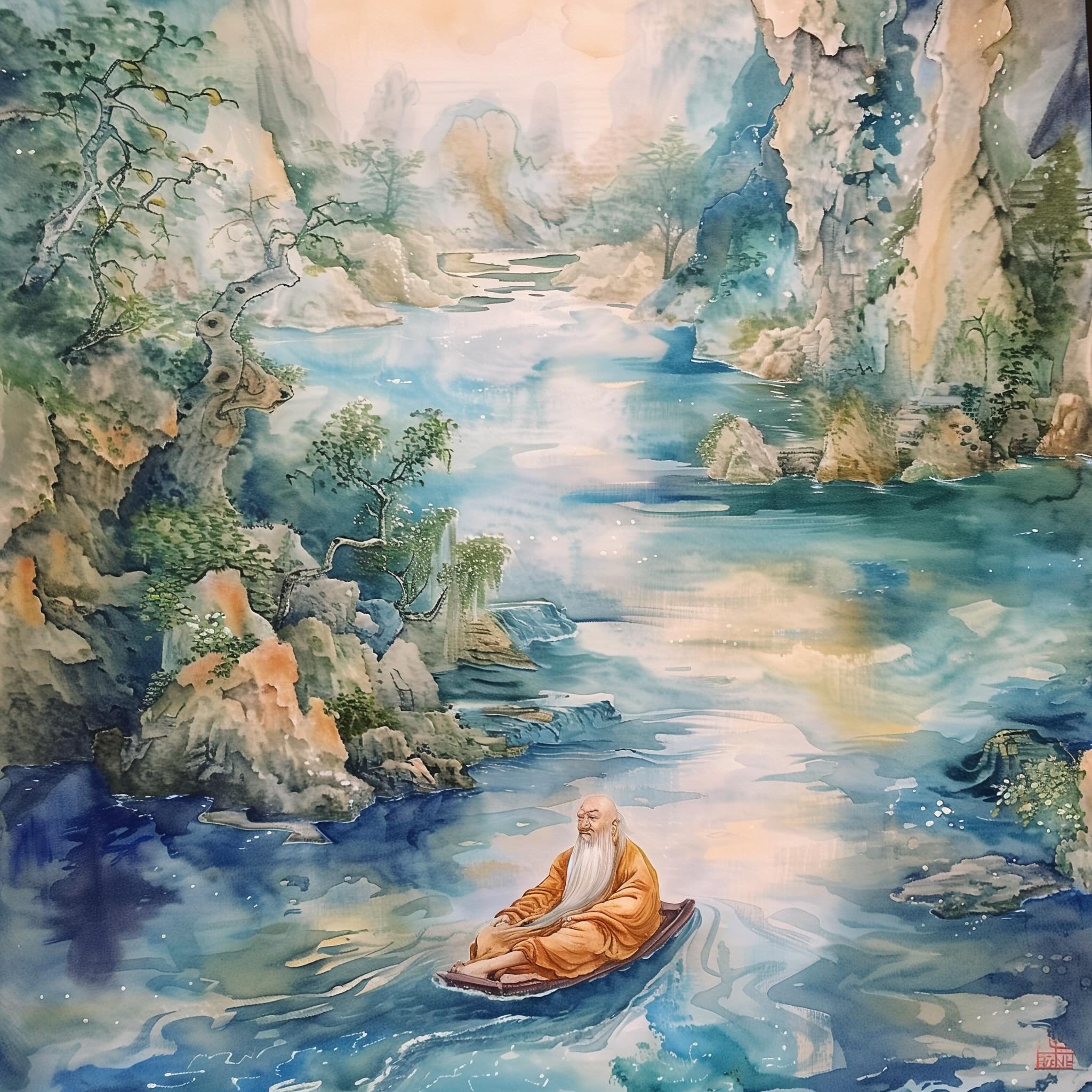 Laozi floating down a river
