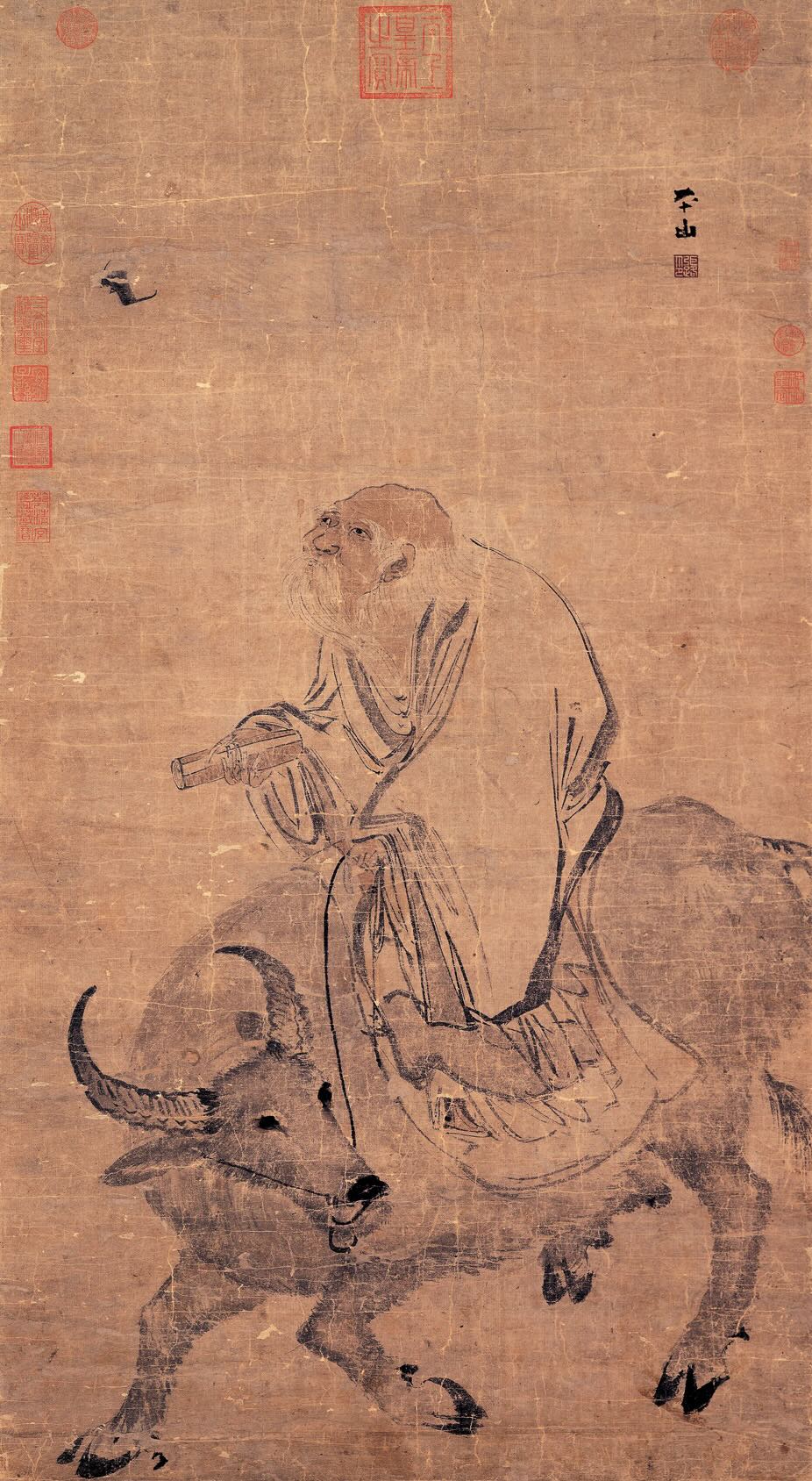 A portrait of Laozi riding an ox. Painted by Zhang Lu in the 16th century, long after Laozi's legendary life.
